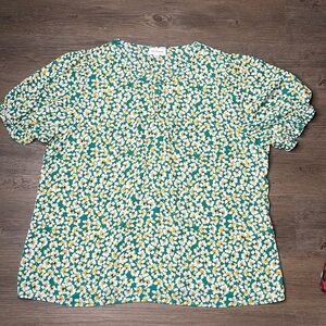Molly & Isadora Women’s Green Yellow White Floral Short Sleeve Blouse, size 2XL